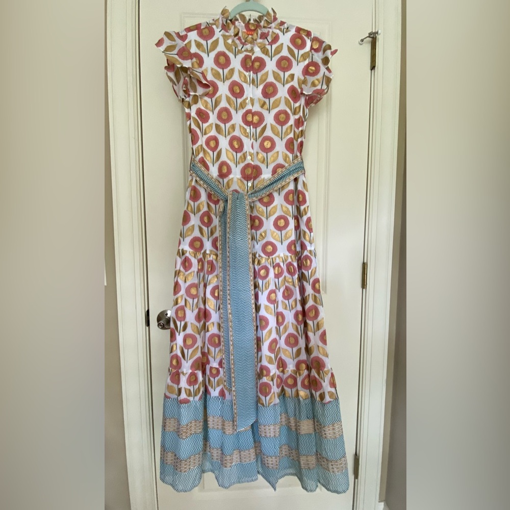 NWT, OLIPHANT, Ruffle Collar Maxi Dress, Touraine Coral with Gold Accents